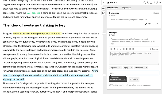 The Hypothesis sidebar activated on "On the entirety of degrowth: definitions, meanings and proposals", showing the process of writing an annotation to a selected piece of text, adding tags for improving later retrievability.